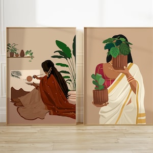 May include: Two digital art prints featuring women in traditional Indian clothing. The first print shows a woman painting in a room with plants. The second print shows a woman holding a potted plant in front of her face.