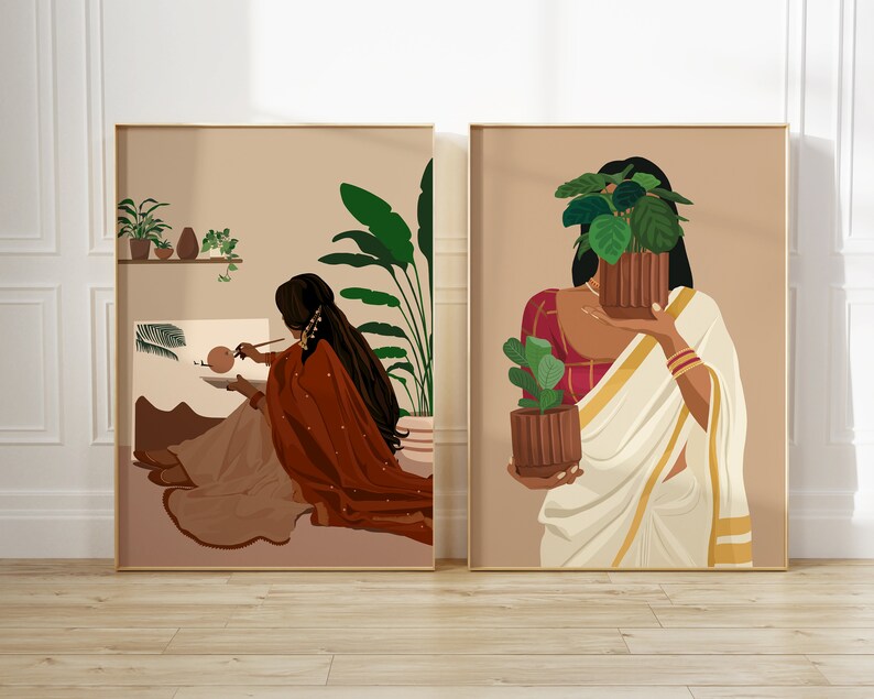 May include: Two digital art prints featuring women in traditional Indian clothing. The first print shows a woman painting in a room with plants. The second print shows a woman holding a potted plant in front of her face.