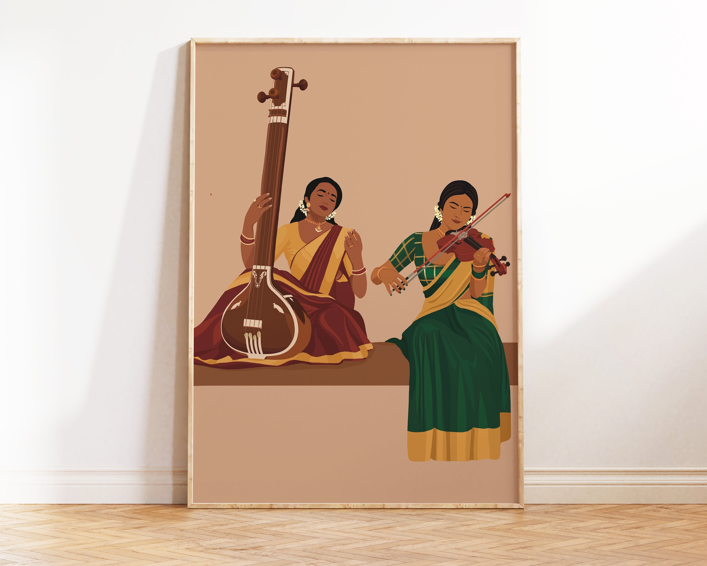 Indian Sisters playing Violin and Tanpura Art, Desi Art, South Indian Art, South Asian, Musical instrument, Tamil Girl, Gift for Musician