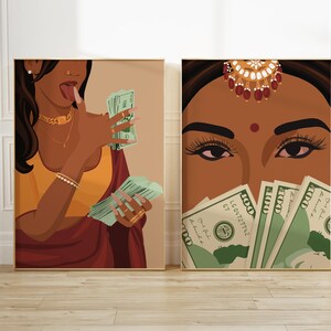 May include: Two digital art prints featuring a woman with dark hair and brown skin. The woman in the left print is wearing a red and gold outfit and holding US dollar bills. The woman in the right print is wearing a gold headpiece and has her eyes closed. Both prints feature a background of a light brown color.