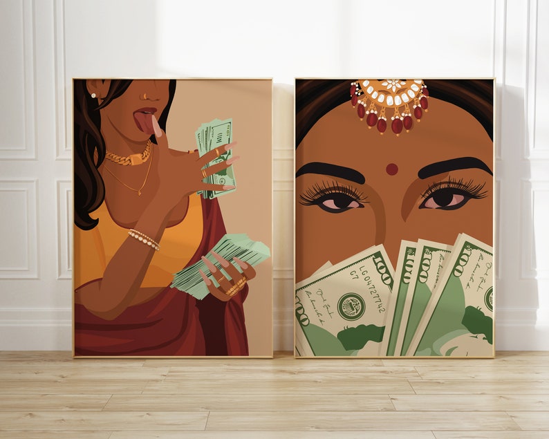 May include: Two digital art prints featuring a woman with dark hair and brown skin. The woman in the left print is wearing a red and gold outfit and holding US dollar bills. The woman in the right print is wearing a gold headpiece and has her eyes closed. Both prints feature a background of a light brown color.