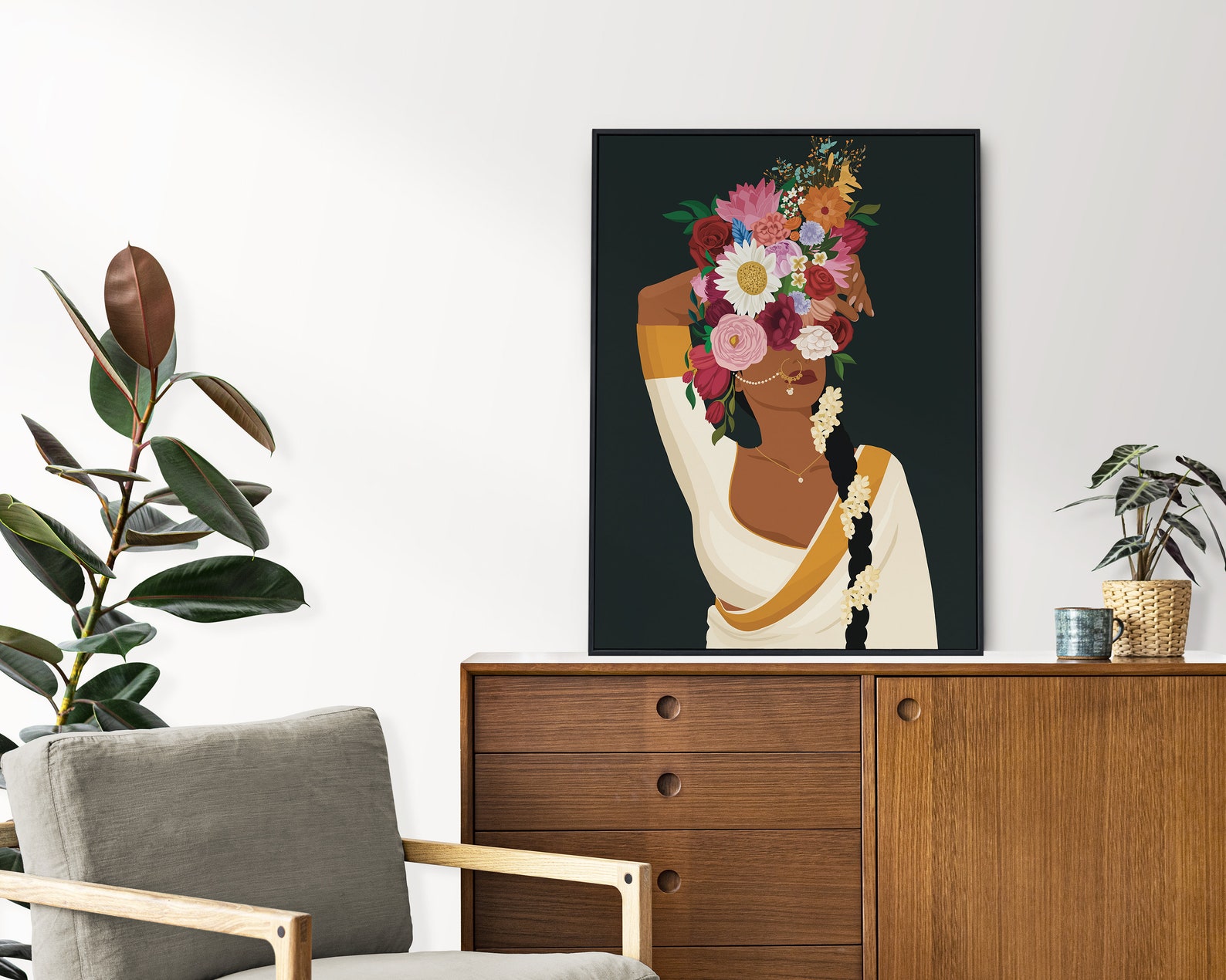 Indian Woman Flower Head Wall Art Desi Art Flower Woman Art Etsy