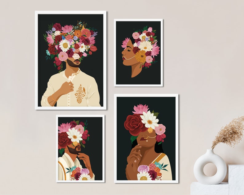 Indian Man Flower Head Wall Art, Desi Art, South Asian Man Art, Brown Men Portrait, South Indian Art, Tamil Home Decor, Indian Man in Dothi image 4