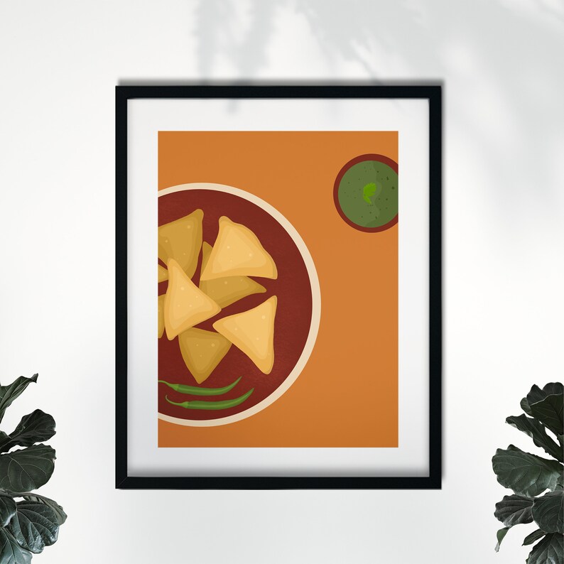 May include: A digital illustration of a plate of samosas with a side of green chutney. The samosas are golden brown and the chutney is a vibrant green. The background is a warm orange.