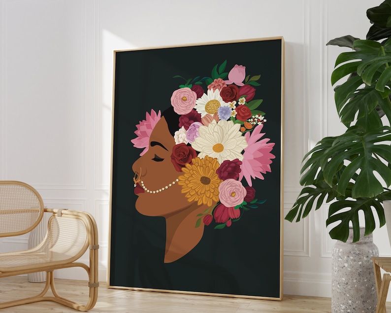 Indian Woman Flower Head Wall Art Desi Art Indian Art Etsy