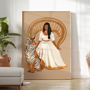 May include: A digital illustration of a woman in a white dress sitting on a throne with a tiger beside her. The woman has dark skin and long black hair. The throne is decorated with gold and brown patterns. The background is a light brown color.