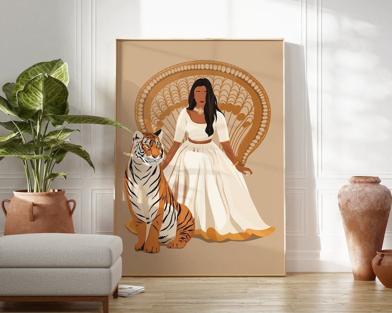 May include: A digital illustration of a woman in a white dress sitting on a throne with a tiger beside her. The woman has dark skin and long black hair. The throne is decorated with gold and brown patterns. The background is a light brown color.