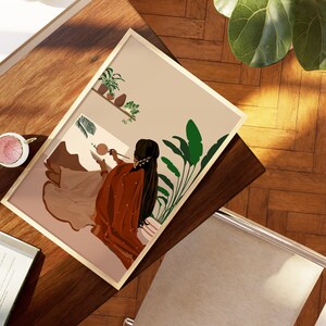 May include: A digital illustration of a person painting on a canvas. The person is wearing a red and brown outfit and is sitting in a room with plants. The background is a light brown color.