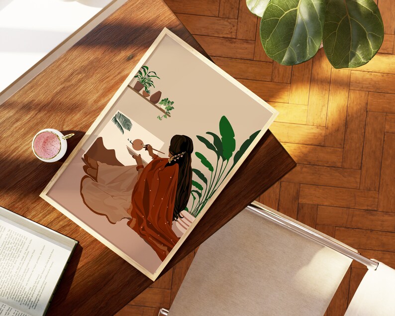 May include: A digital illustration of a person painting on a canvas. The person is wearing a red and brown outfit and is sitting in a room with plants. The background is a light brown color.