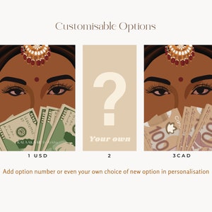 May include: Three images showing a woman's face with a bindi and jewelry on her forehead. The first image shows her holding a stack of US dollar bills. The second image shows a question mark with the text "Your own". The third image shows her holding a stack of Canadian dollar bills. The text "1 USD", "2", and "3 CAD" is below each image.