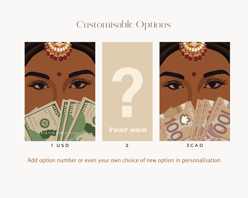 May include: Three images showing a woman's face with a bindi and jewelry on her forehead. The first image shows her holding a stack of US dollar bills. The second image shows a question mark with the text "Your own". The third image shows her holding a stack of Canadian dollar bills. The text "1 USD", "2", and "3 CAD" is below each image.