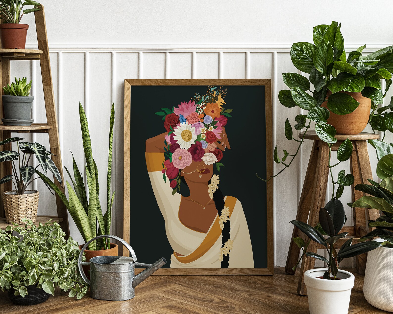 Indian Woman Flower Head Wall Art Desi Art Flower Woman Art Etsy