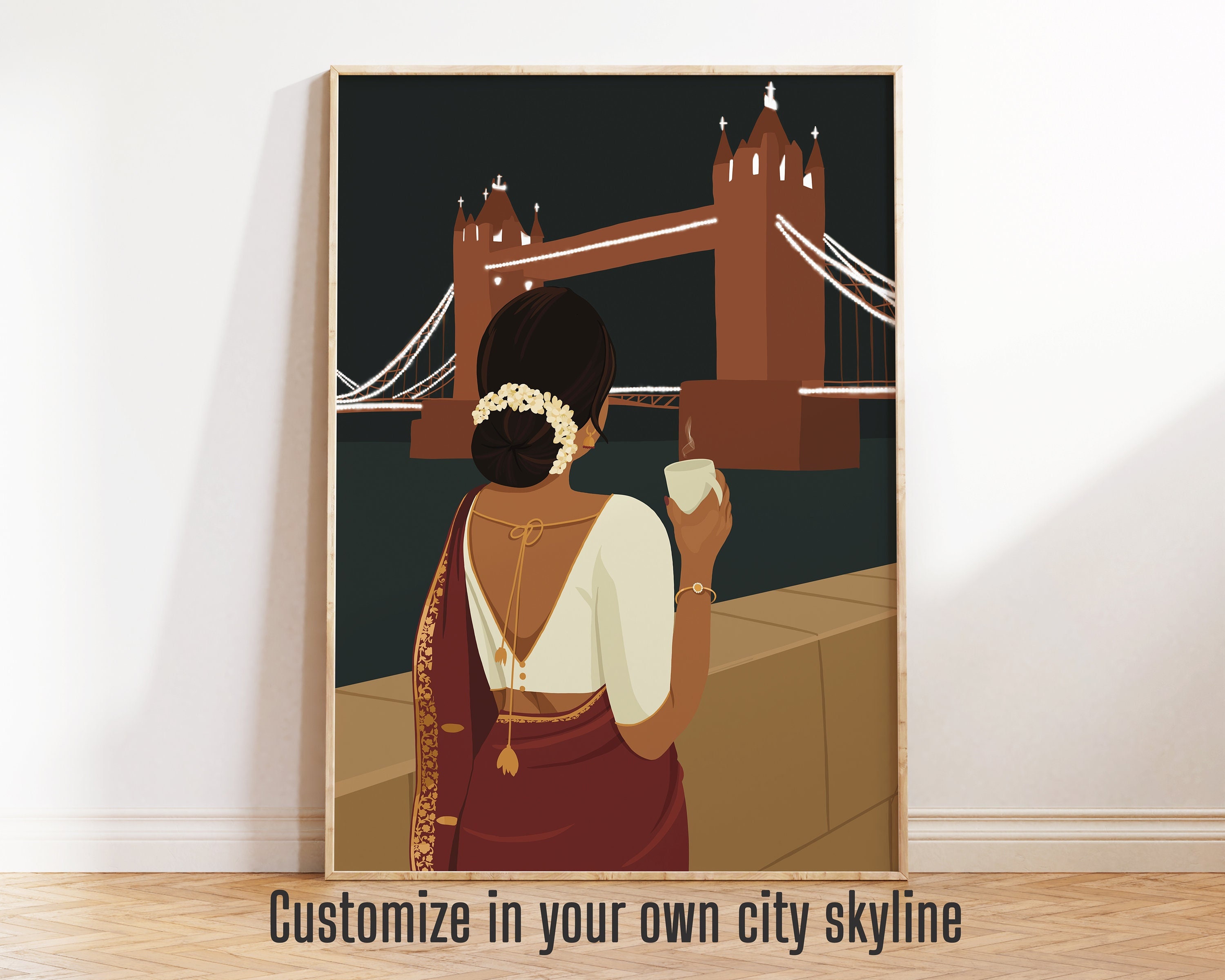 Indian Woman Drinking Chai in London/Customise your City, Desi Art, Indian Art, Woman Drinking Coffee Art, Coffee Lover, South Asian Print