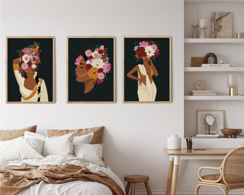 Set of 3 Modern Indian Woman Art Flower Head Wall Art Desi Etsy