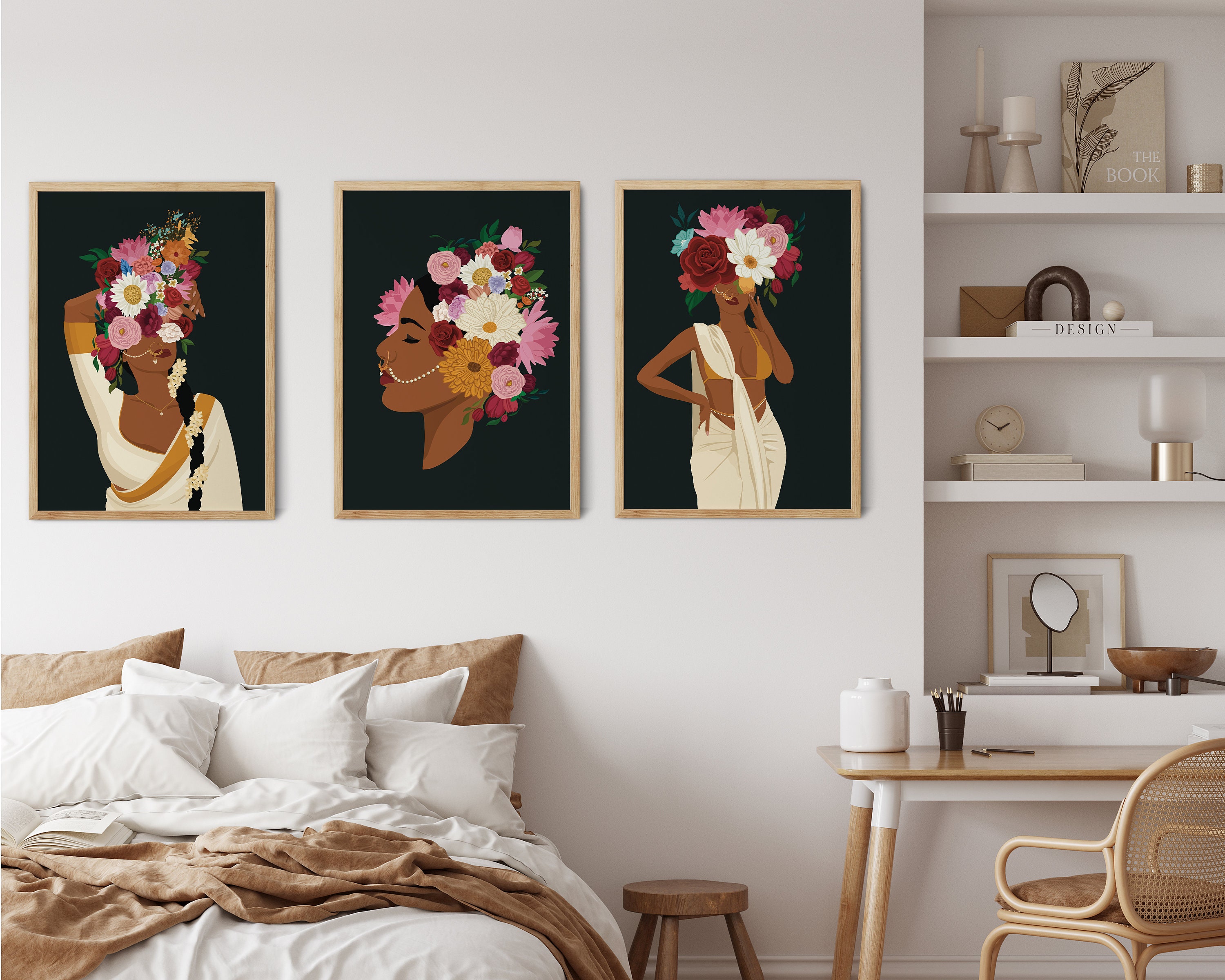 Set of 3 Modern Indian Woman Art Flower Head Wall Art Desi Etsy Australia