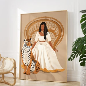 May include: A digital illustration of a woman with dark skin wearing a white dress and a gold necklace, sitting on a throne with a tiger beside her. The background is a peach color with a gold pattern.