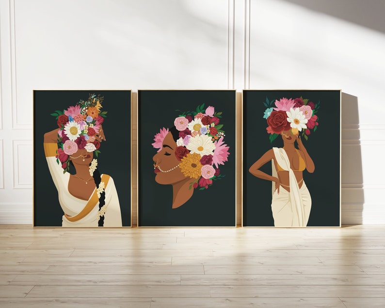 Set of 3 Modern Indian Woman Art Flower Head Wall Art Desi Etsy