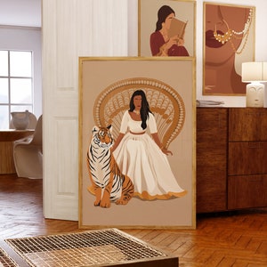 May include: A digital illustration of a woman in a white dress sitting on a peacock chair with a tiger beside her. The background is a light brown color.