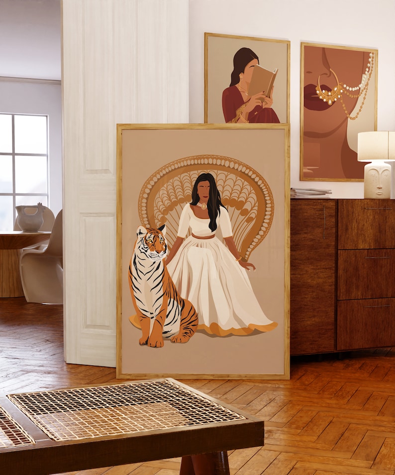 May include: A digital illustration of a woman in a white dress sitting on a peacock chair with a tiger beside her. The background is a light brown color.