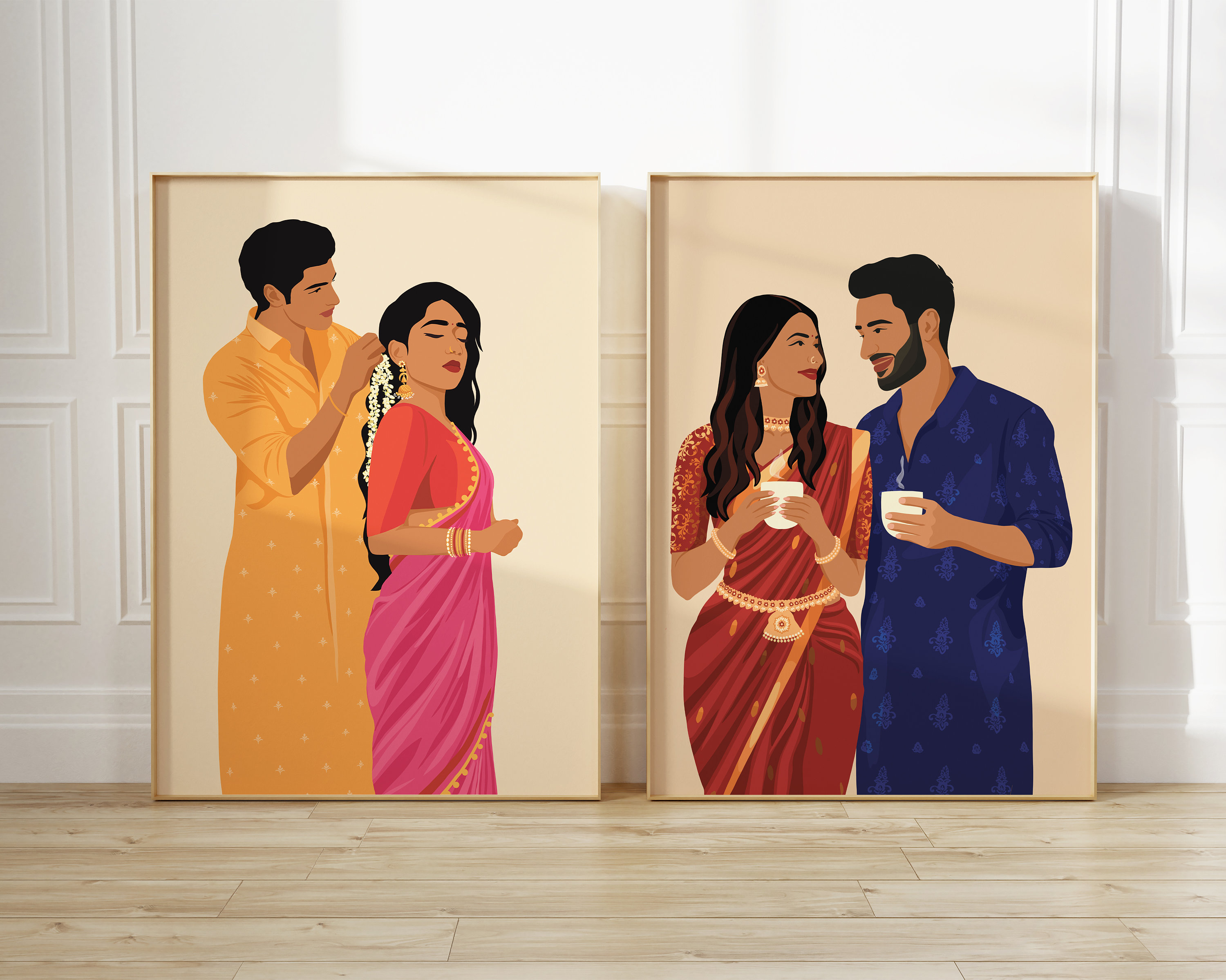 Indian Couple Drinking Chai Art, Indian Art, Desi Art, South Asian