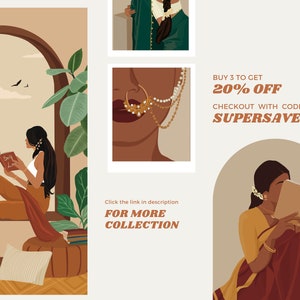 May include: Three illustrations of women reading books. The first illustration shows a woman sitting in a window reading a book titled "Self Love". The second illustration is a close-up of a woman's face with a nose ring and a necklace. The third illustration shows a woman sitting in a doorway reading a book. The text "BUY 3 TO GET 20% OFF CHECKOUT WITH CODE SUPERSAVER" is in the upper right corner of the image. The text "Click the link in description FOR MORE COLLECTION" is in the lower right corner of the image.