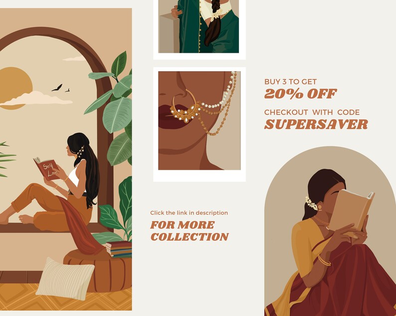 May include: Three illustrations of women reading books. The first illustration shows a woman sitting in a window reading a book titled "Self Love". The second illustration is a close-up of a woman's face with a nose ring and a necklace. The third illustration shows a woman sitting in a doorway reading a book. The text "BUY 3 TO GET 20% OFF CHECKOUT WITH CODE SUPERSAVER" is in the upper right corner of the image. The text "Click the link in description FOR MORE COLLECTION" is in the lower right corner of the image.