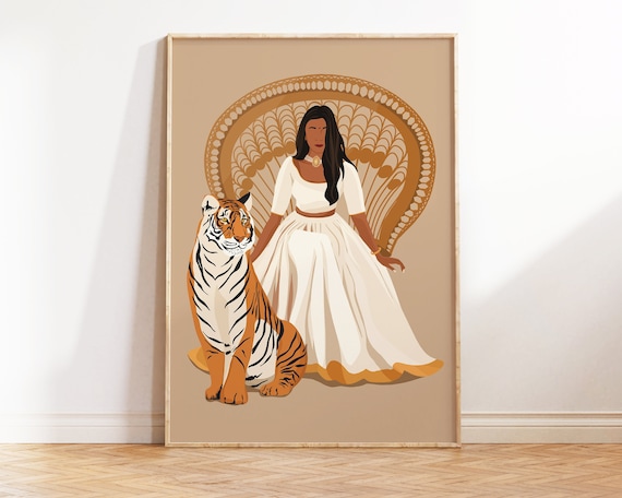 Indian Baddie Art, Indian Art, Indian Woman Art, Tiger Woman Art, Tiger Print, Desi Art, South Asian Woman Print, Brown Girl Art, Tamil girl