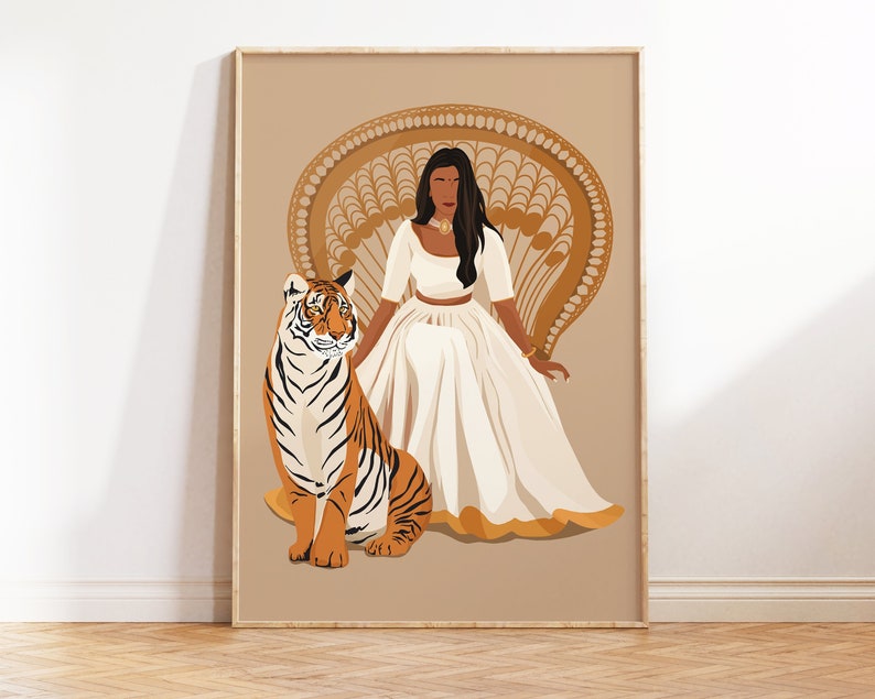 May include: A digital illustration of a woman in a white dress sitting on a golden peacock chair with a tiger beside her. The background is a light brown color.