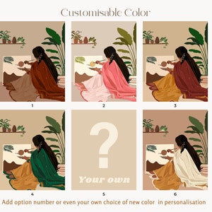 May include: Six different color options for a digital art print featuring a woman painting in a room with plants. The woman is wearing a long, flowing garment. The colors are: brown, pink, yellow, green, white, and a question mark for a custom color option. The text "Your own" is below the question mark.