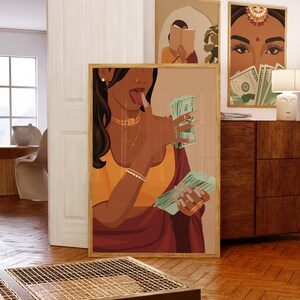 Desi Wall Art, Rich Indian Woman Art, Powerful South Asian Woman Art, Indian Art, Tamil Girl, Brown Girl with Money Art, Mom Im a Rich Man image 3