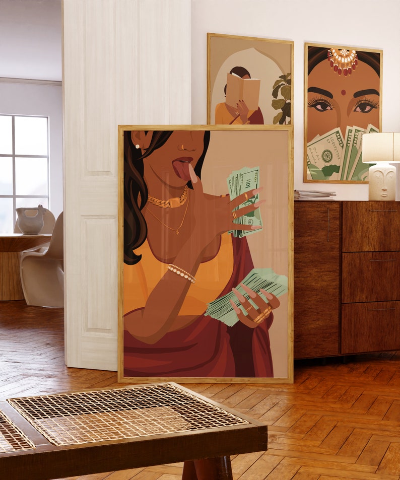 Desi Wall Art, Rich Indian Woman Art, Powerful South Asian Woman Art, Indian Art, Tamil Girl, Brown Girl with Money Art, Mom Im a Rich Man image 3