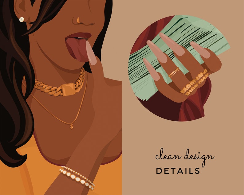 May include: A woman with long black hair is wearing a gold chain necklace, a gold ring, and a gold bracelet. She is holding a stack of cash in her hand. The background is a light brown color.