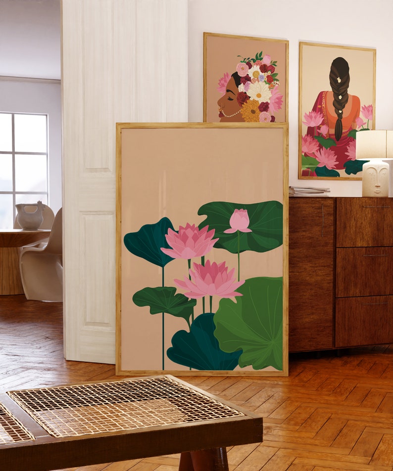 Boho Lotus Flower Print, Pastel Pink Minimalist Lotus Digital Art ...