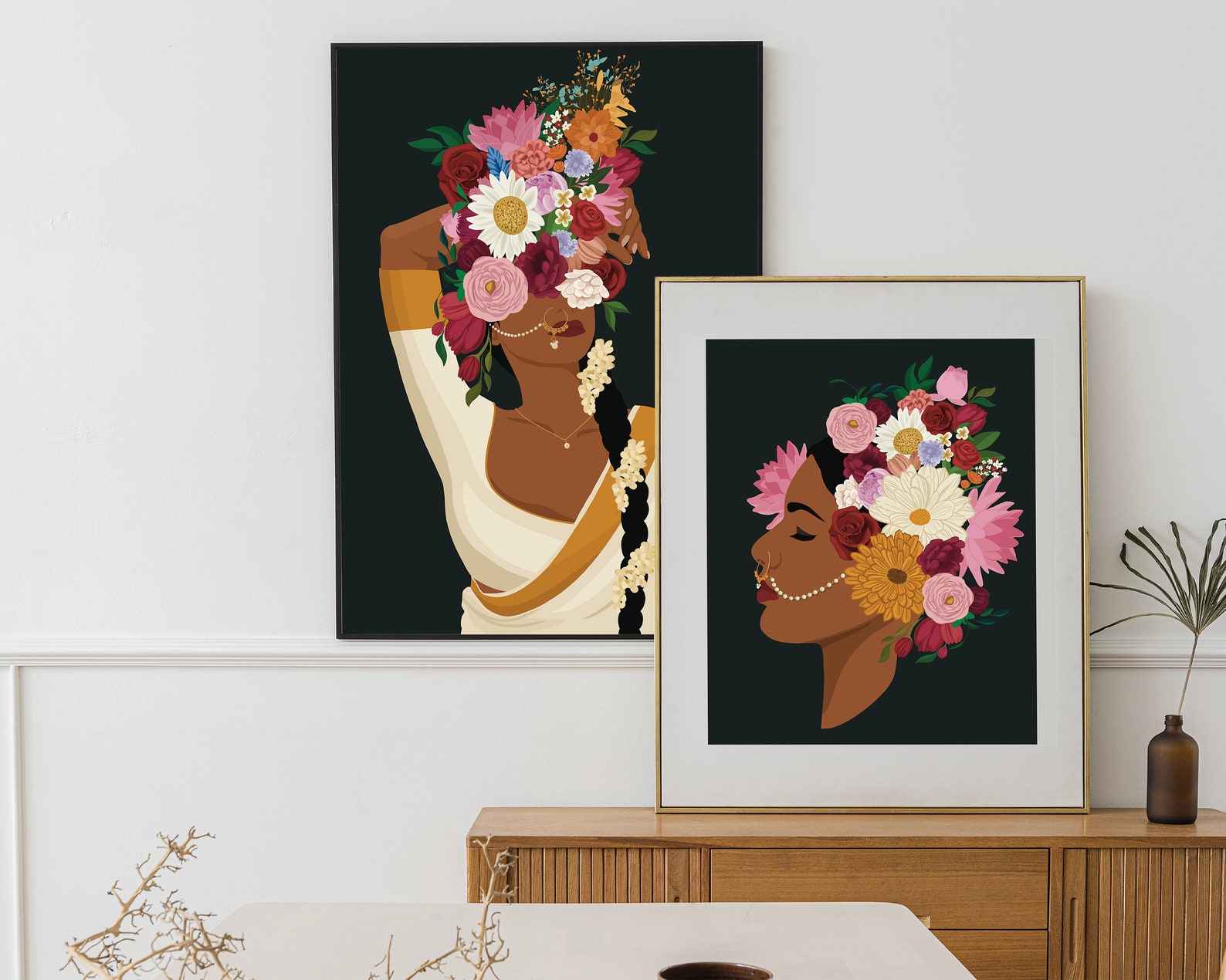 Set of 3 Modern Indian Woman Art Flower Head Wall Art Desi Etsy