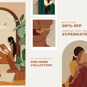 May include: Three illustrations of women reading books. The first illustration shows a woman sitting in a window reading a book titled "Self Love". The second illustration is a close-up of a woman's face with a nose ring and a necklace. The third illustration shows a woman sitting in a doorway reading a book. The text "BUY 3 TO GET 20% OFF CHECKOUT WITH CODE SUPERSAVER" is in the upper right corner of the image. The text "Click the link in description FOR MORE COLLECTION" is in the lower right corner of the image.