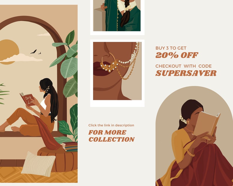 May include: Three illustrations of women reading books. The first illustration shows a woman sitting in a window reading a book titled "Self Love". The second illustration is a close-up of a woman's face with a nose ring and a necklace. The third illustration shows a woman sitting in a doorway reading a book. The text "BUY 3 TO GET 20% OFF CHECKOUT WITH CODE SUPERSAVER" is in the upper right corner of the image. The text "Click the link in description FOR MORE COLLECTION" is in the lower right corner of the image.