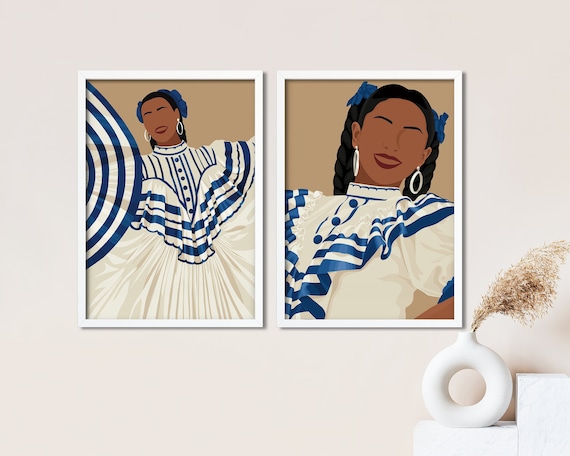 Set of 2 El Salvador Art Print, Salvadoran Woman Poster, Salvador Traditional Portrait, Salvadorean, Central American, Hispanic Art, Latino