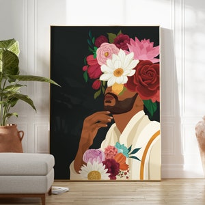 Indian Man Flower Head Wall Art, Desi Art, South Asian Man Art, Brown Men Portrait, South Indian Art, Tamil Home Decor, Indian Man in Dothi image 3