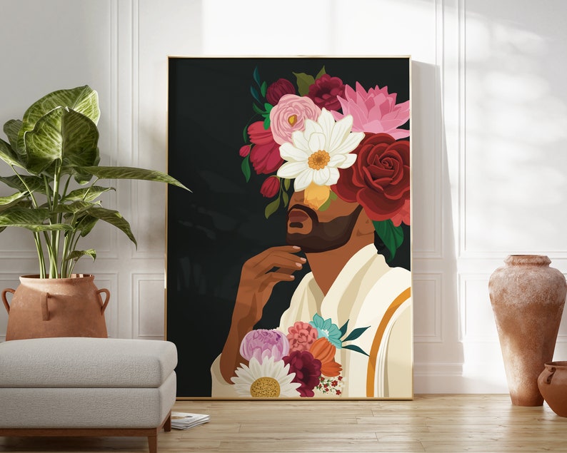 Indian Man Flower Head Wall Art, Desi Art, South Asian Man Art, Brown Men Portrait, South Indian Art, Tamil Home Decor, Indian Man in Dothi image 3