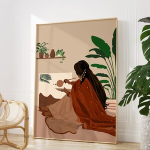 May include: A digital illustration of a woman in a red and brown outfit painting on a canvas. The woman is sitting on the floor with her back to the viewer. The canvas is in front of her and she is holding a paintbrush in her right hand. The background is a light brown color with green plants in the upper left corner.