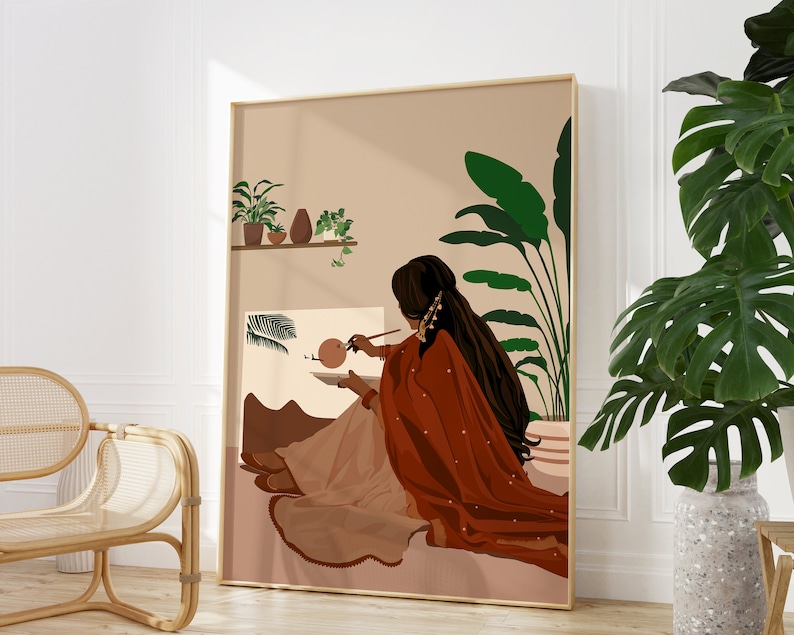May include: A digital illustration of a woman in a red and brown outfit painting on a canvas. The woman is sitting on the floor with her back to the viewer. The canvas is in front of her and she is holding a paintbrush in her right hand. The background is a light brown color with green plants in the upper left corner.