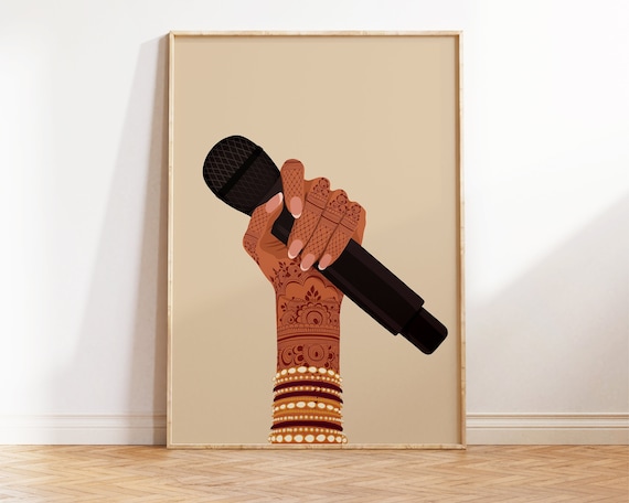 Indian Woman With Mic Art, Singer Art, Desi Art, Indian Wall Art