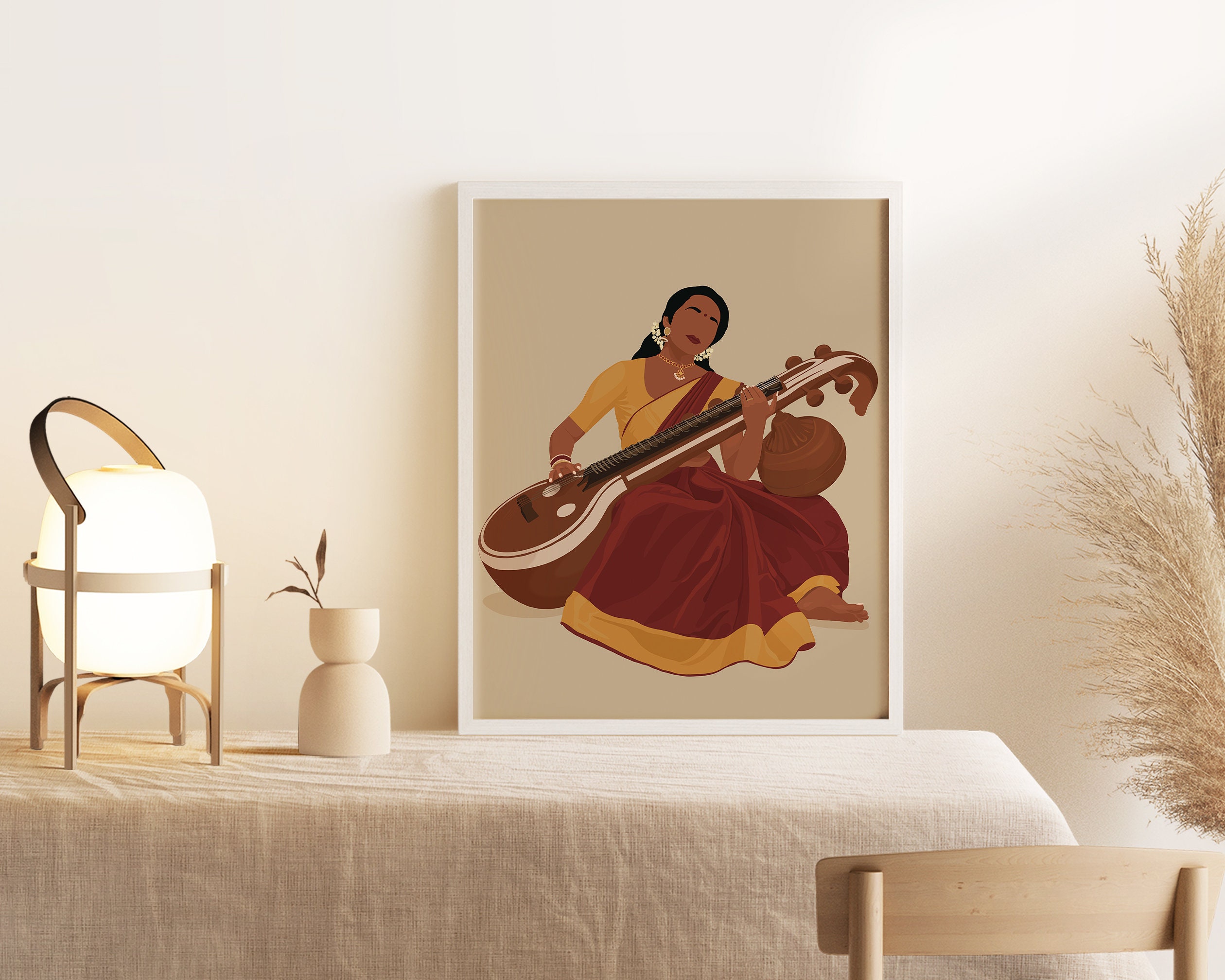 Veena Art, Indian Woman Wall Art, Desi Art, Saraswati Veena, South