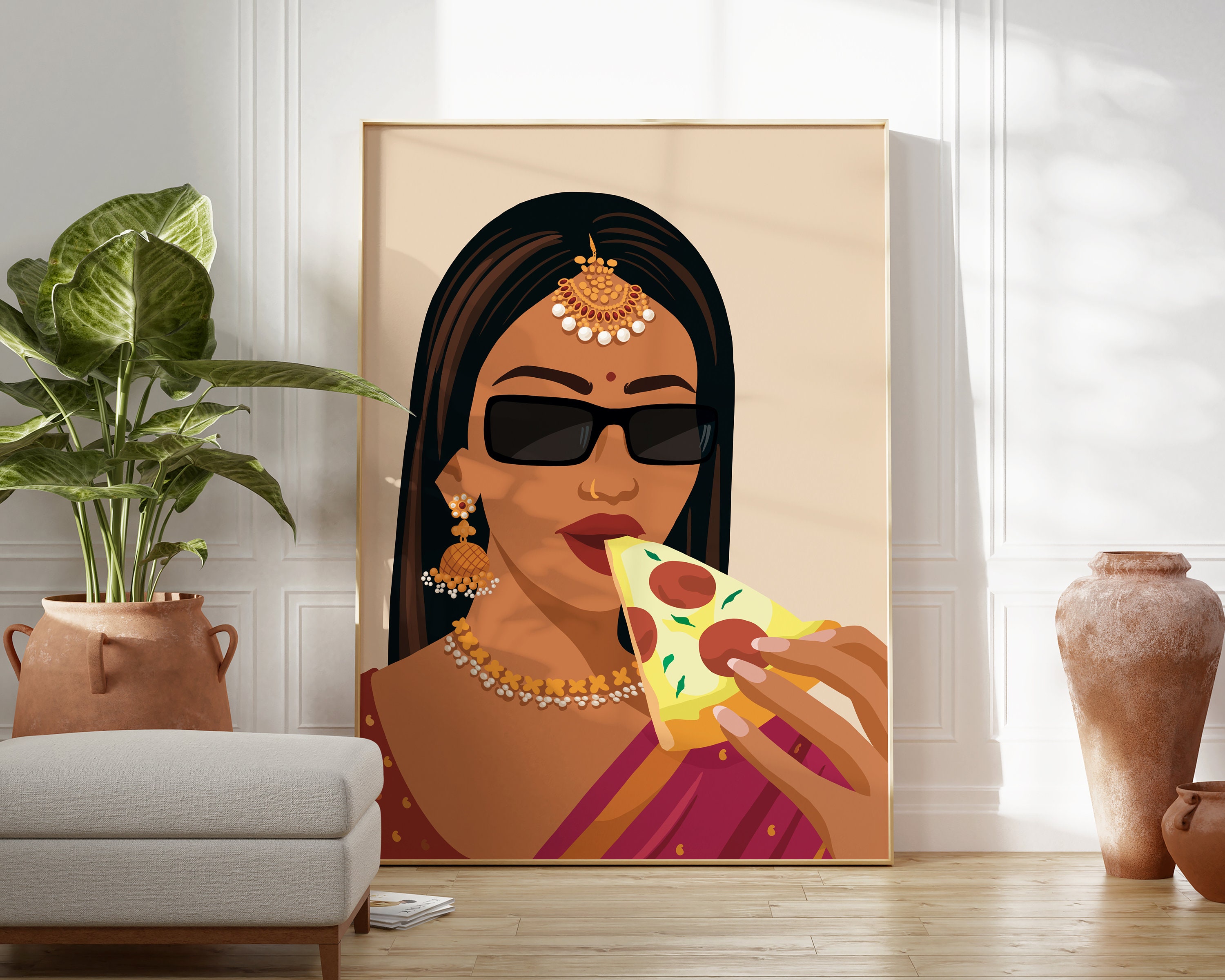Buy Indian Woman Eating Pizza Art, Indian Food Lover, Desi Art