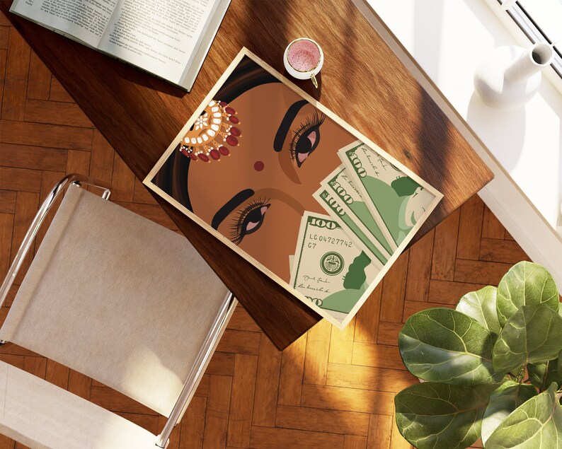 May include: A framed illustration of a woman's face with red and gold jewelry, looking down at three $100 bills.