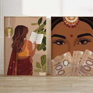 May include: Two digital art prints featuring a woman in a red and gold sari. The first print shows the woman reading a book, while the second print shows her face with Canadian $100 bills covering her mouth.