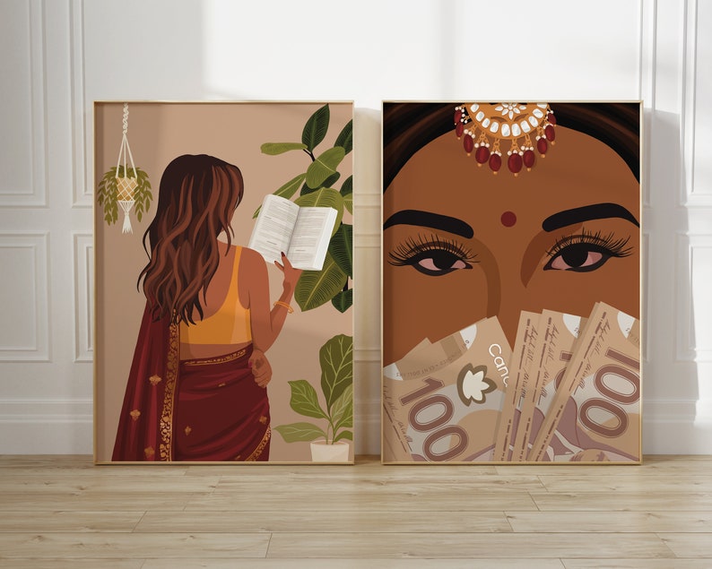 May include: Two digital art prints featuring a woman in a red and gold sari. The first print shows the woman reading a book, while the second print shows her face with Canadian $100 bills covering her mouth.