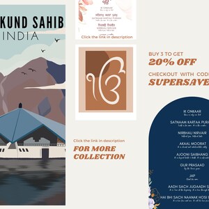 May include: A vintage travel poster design featuring a blue and white building with a mountain range in the background. The text "Hemkund Sahib India" is at the top of the poster. The poster is a digital illustration.