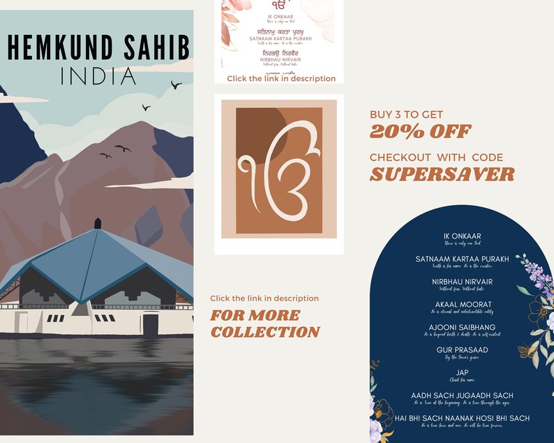 May include: A vintage travel poster design featuring a blue and white building with a mountain range in the background. The text "Hemkund Sahib India" is at the top of the poster. The poster is a digital illustration.