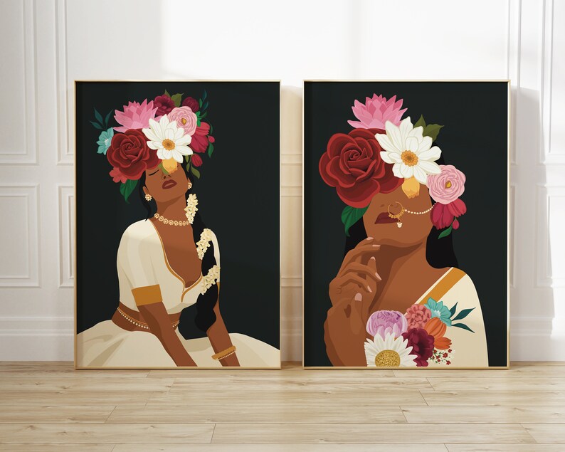 Set of 3 Modern Indian Woman Art Flower Head Wall Art Desi Etsy